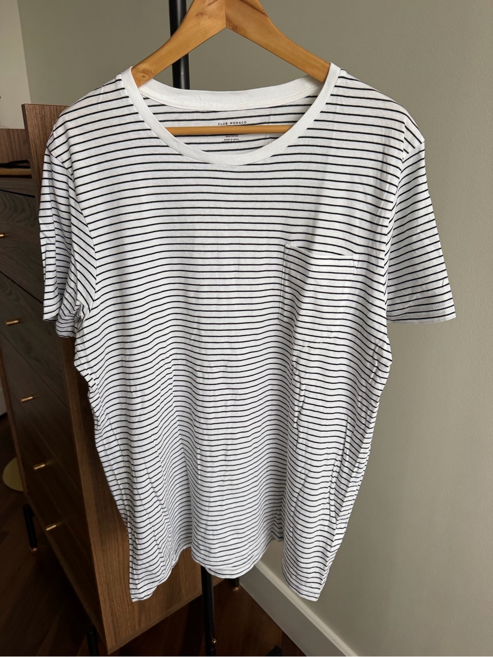 Club Monaco Black and White Striped Pocket T-Shirt Men's Size L
